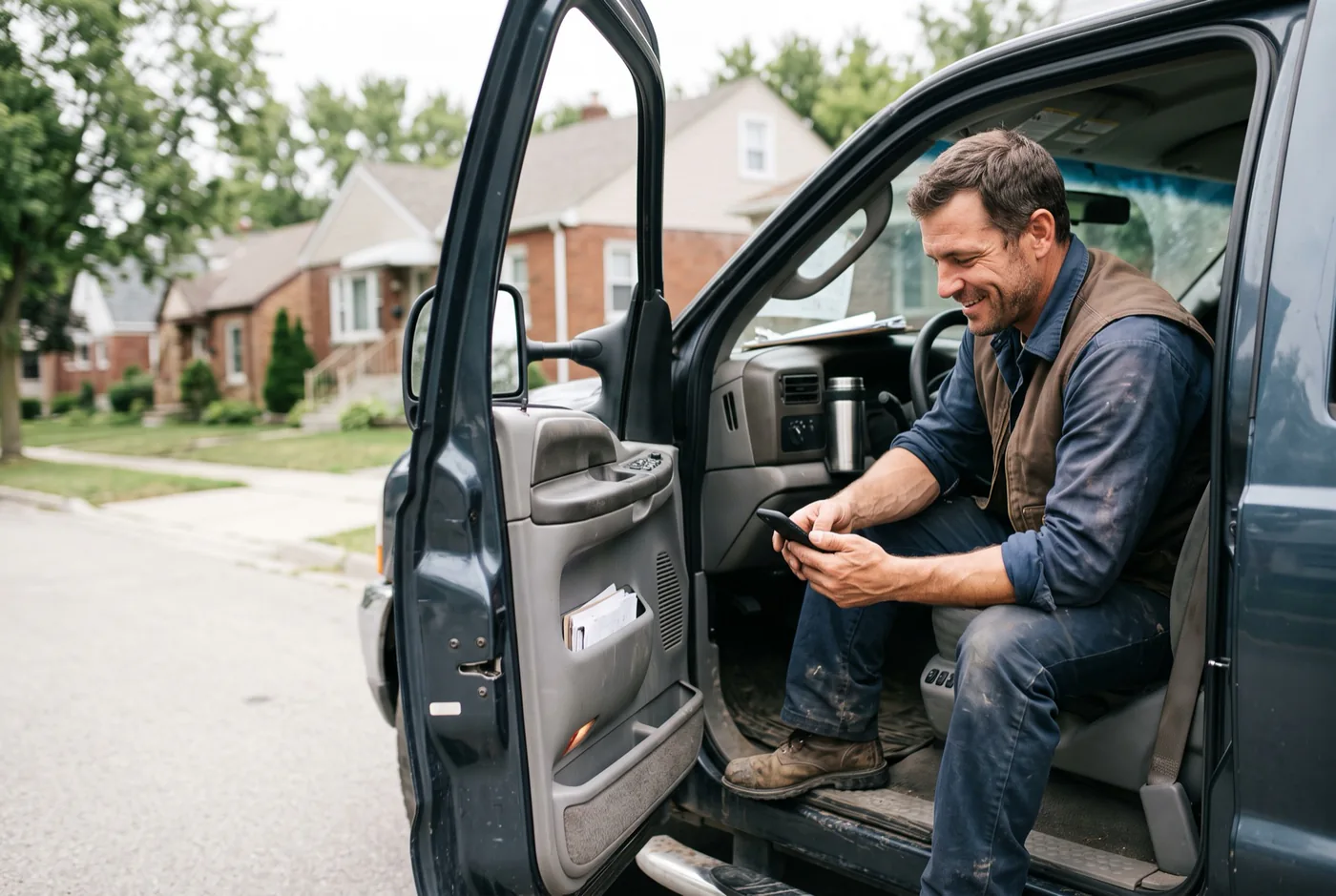 A business owner checking his phone while seated in his parked work vehicle.